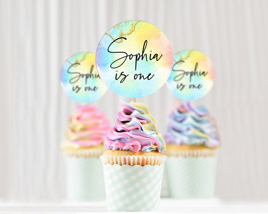 Editable Rainbow Cupcake Toppers Pastel Cupcake Toppers Colorful Pastel Wate