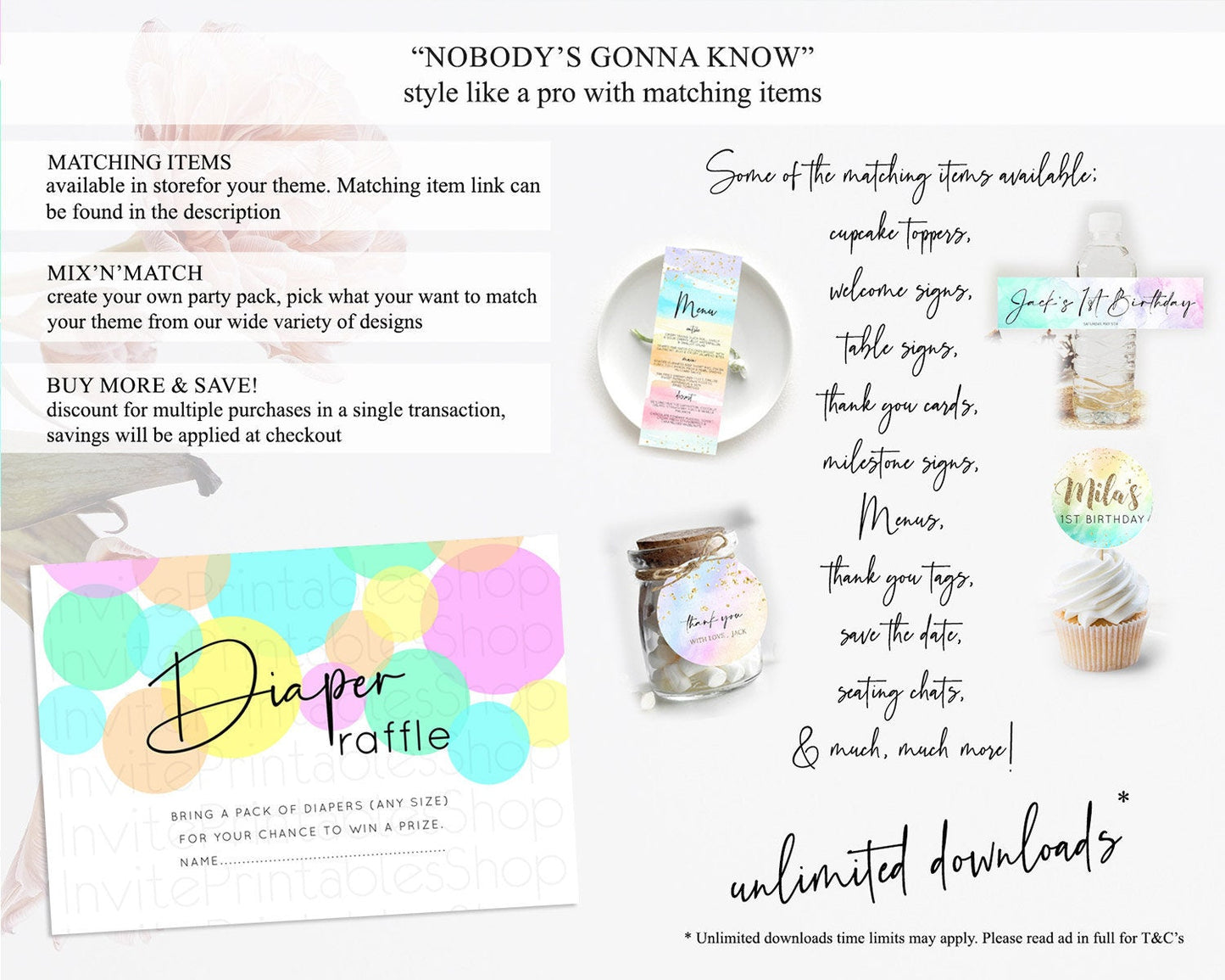 Rainbow Diaper Raffle Card Pastel Sprinkles Diaper Raffle Insert Rainbow Confetti Diaper Ticket Colorful Bubbles Pastel Raffle Game D10409