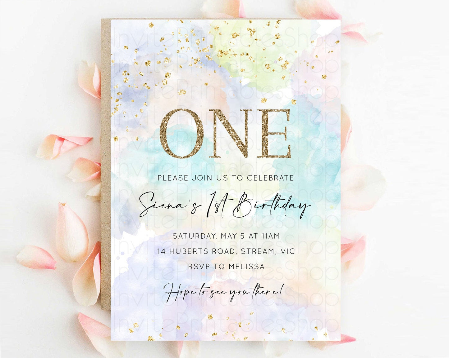 Rainbow Birthday Invitation Colorful Pastel Watercolor Invitation Gold Glitter Sprinkles Ombre Pastel 1st 2nd 3rd Birthday D10613