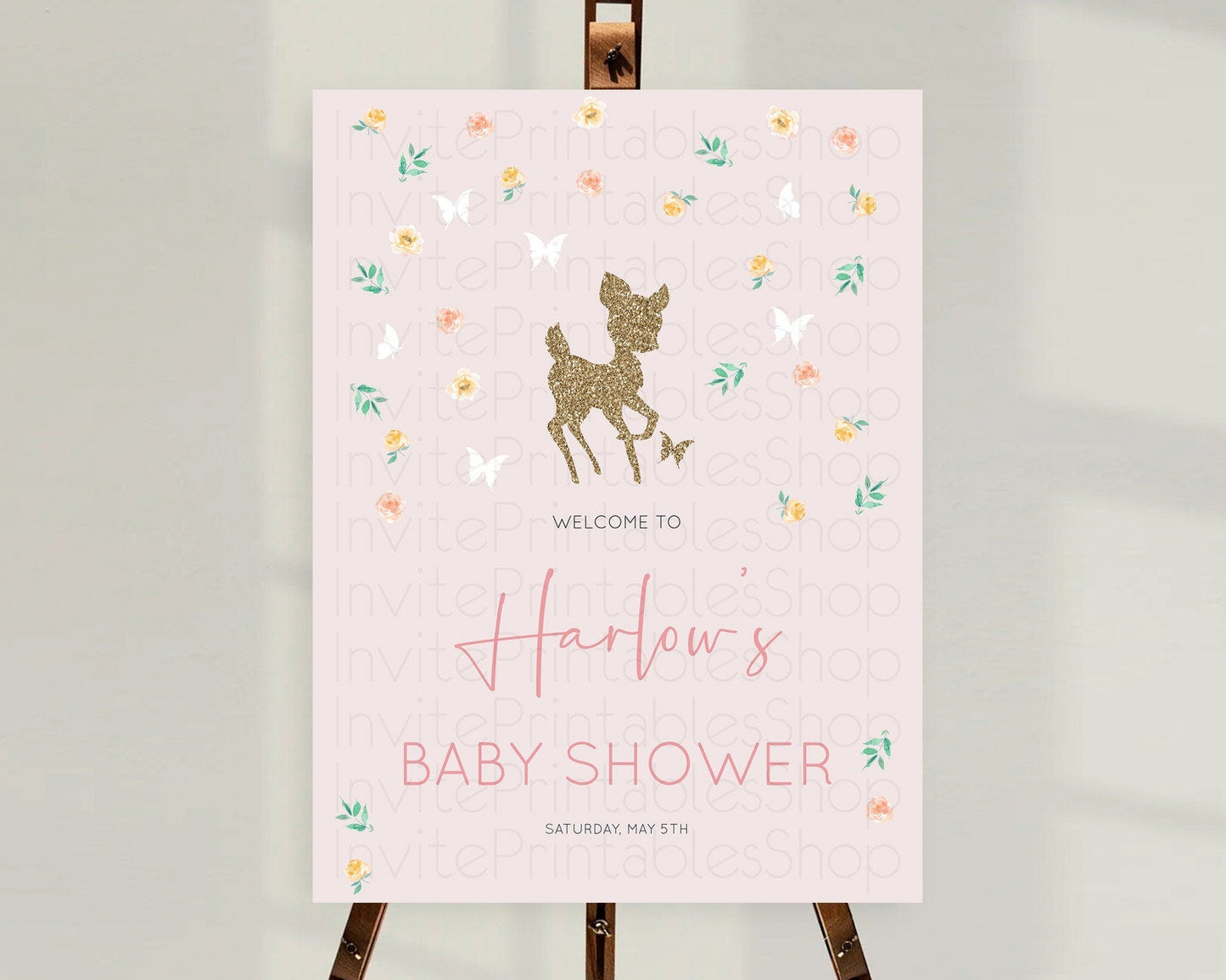 Fawn Baby Shower Welcome Sign Deer Welcome Board Floral Deer Welcome Poster Enchanted Forest Butterfly Pastel Floral Welcome Sign D10386