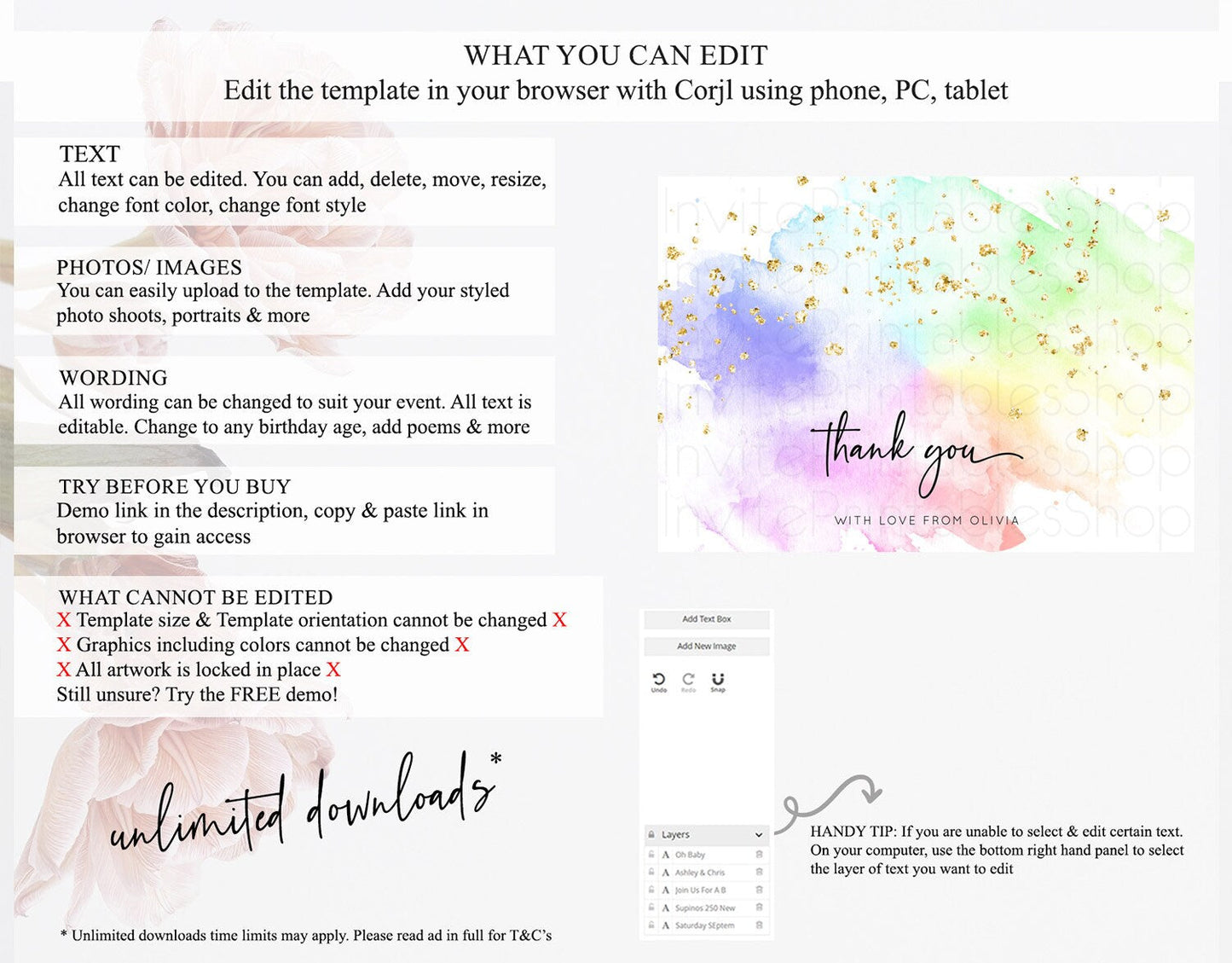 Pastel Thank You Rainbow Thank You Card Colorful Pastel Birthday Thank You Card Confetti Watercolor Pastel Teacher Thank You Cards D10316