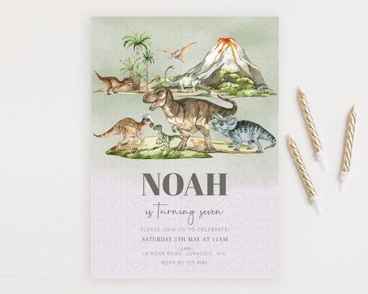 Editable Dinosaur Birthday Invitation Dinosaur Volcano Invitation Watercolor