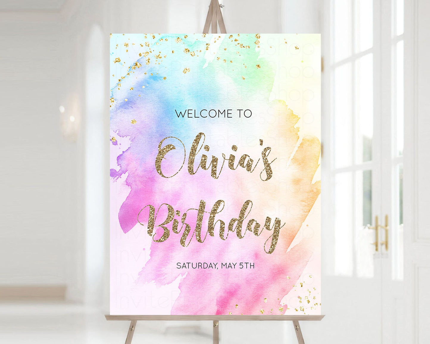 Rainbow Welcome Sign Pastel Watercolor Welcome Board Gold Glitter Sprinkles Foil Colorful Paint Splash Party Entry Sign Poster Birthday g504