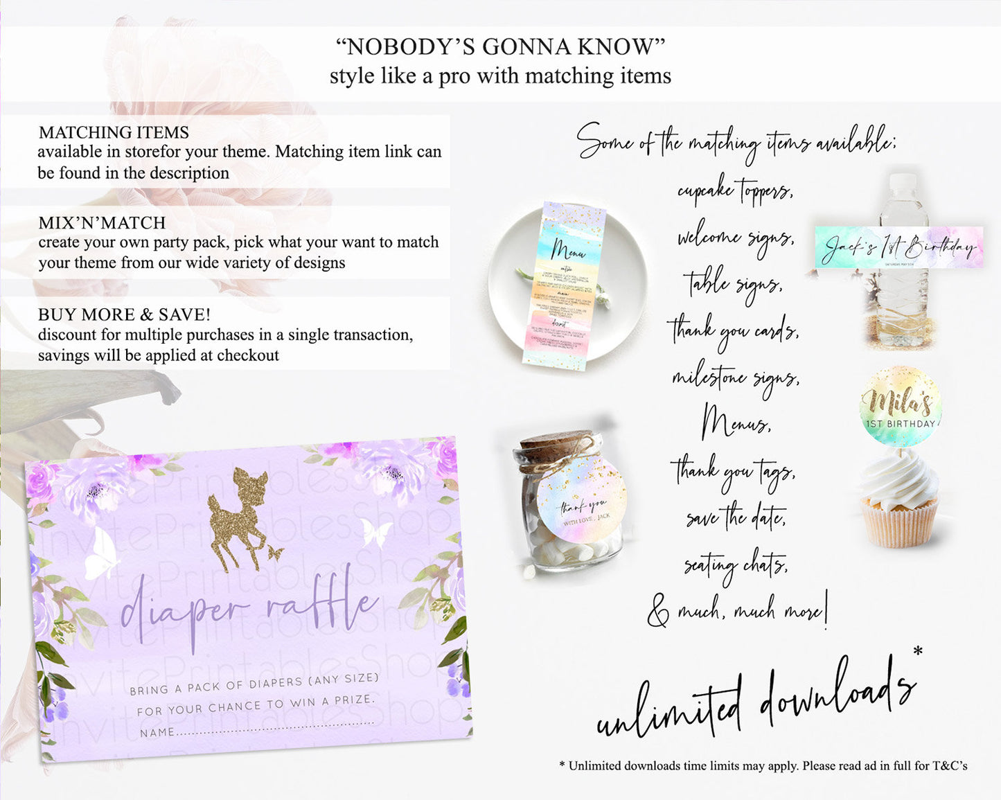 Fawn Diaper Raffle Card Deer Diaper Insert Floral Deer Diaper Ticket Enchanted Forest Butterfly Pastel Baby Shower Raffle Game D10963