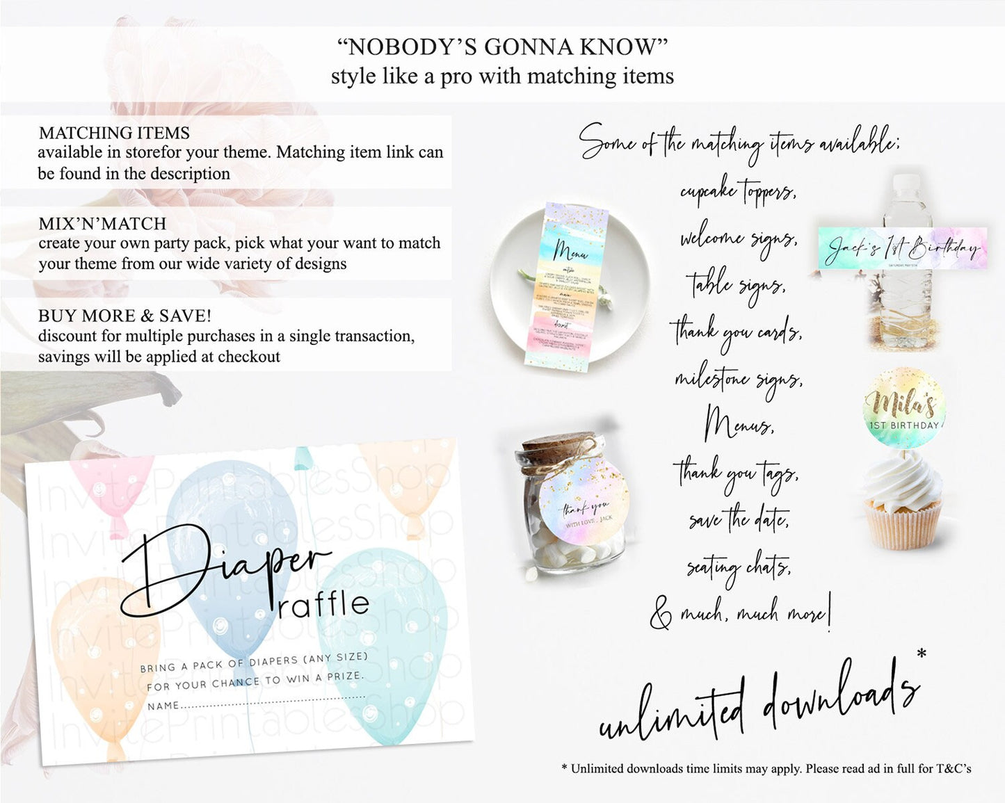 Pastel Balloons Diaper Raffle Card Colorful Balloon Diaper Raffle Insert Rainbow Balloon Diaper Ticket Confetti Balloon Raffle Game D10776