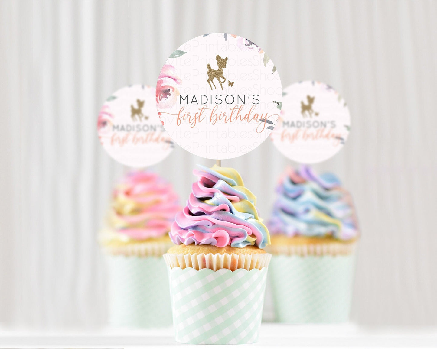 Fawn Cupcake Toppers Deer Cupcake Toppers Enchanted Forest Party Butterfly Pastel Flowers Woofland Cupcake Toppers First Birthday D10196