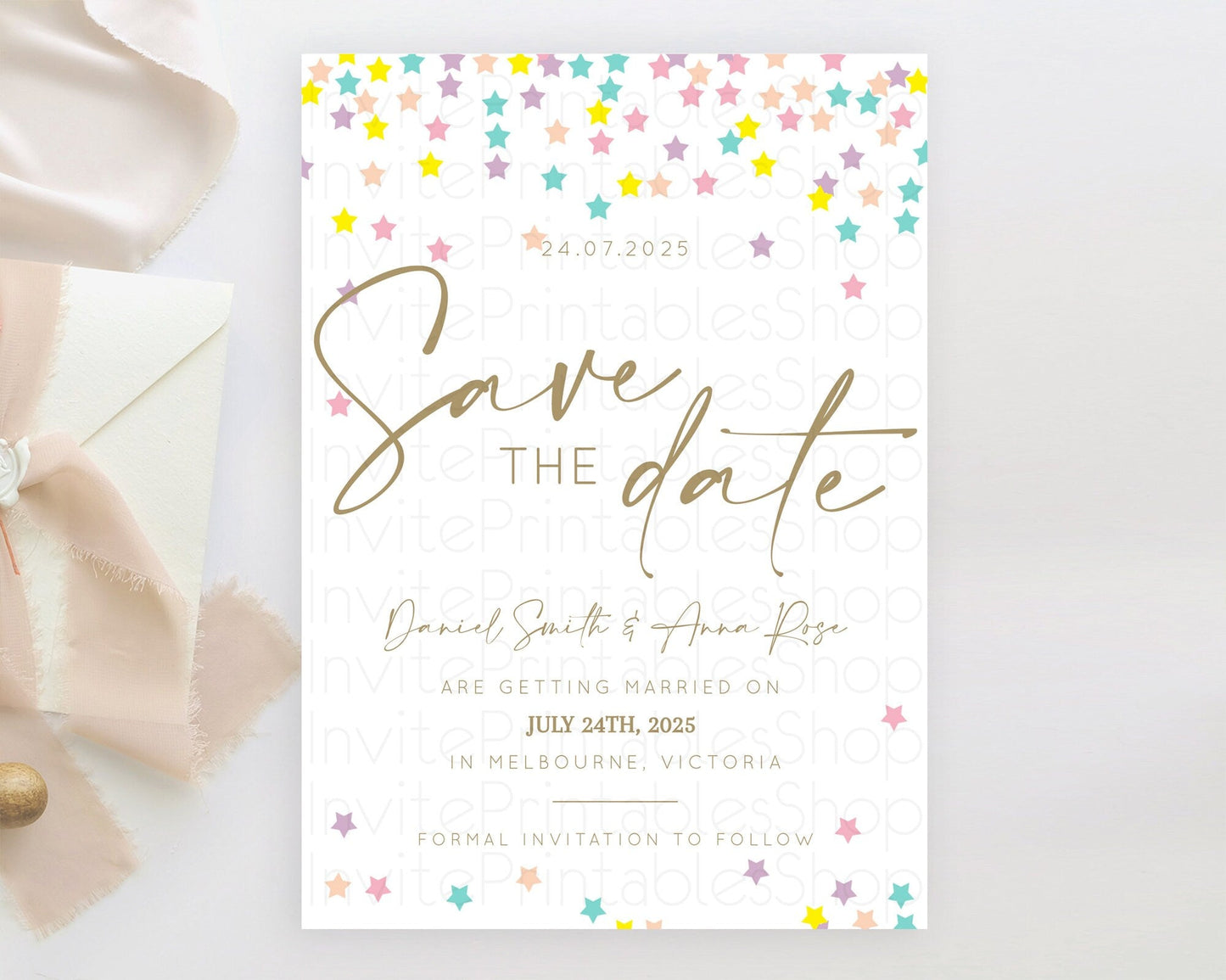 Twinkle Stars Save The Date Template Pastel Twinkle Little Star Party Shooting Star Confetti Sprinkles Birthday Baptism Baby Shower D10601
