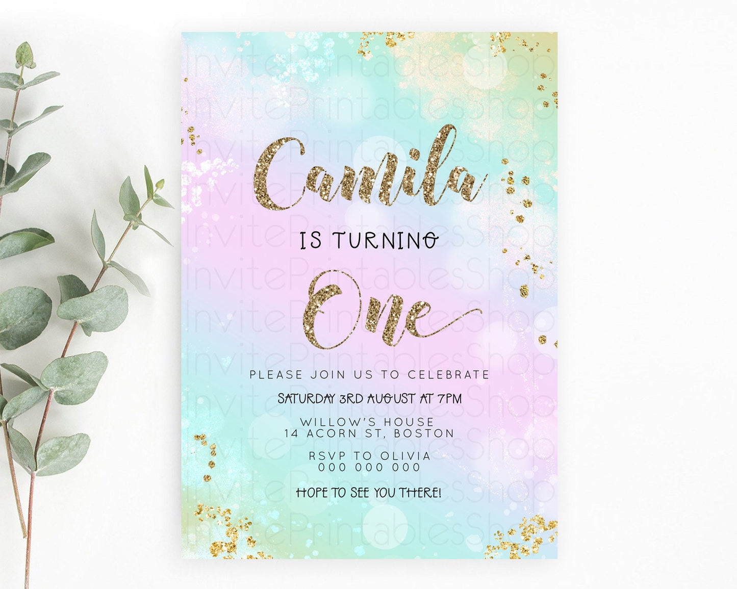 Rainbow Birthday Invitation Colorful Pastel Watercolor Invitation Gold Glitter Sprinkles Ombre Pastel 1st 2nd 3rd Birthday D23126