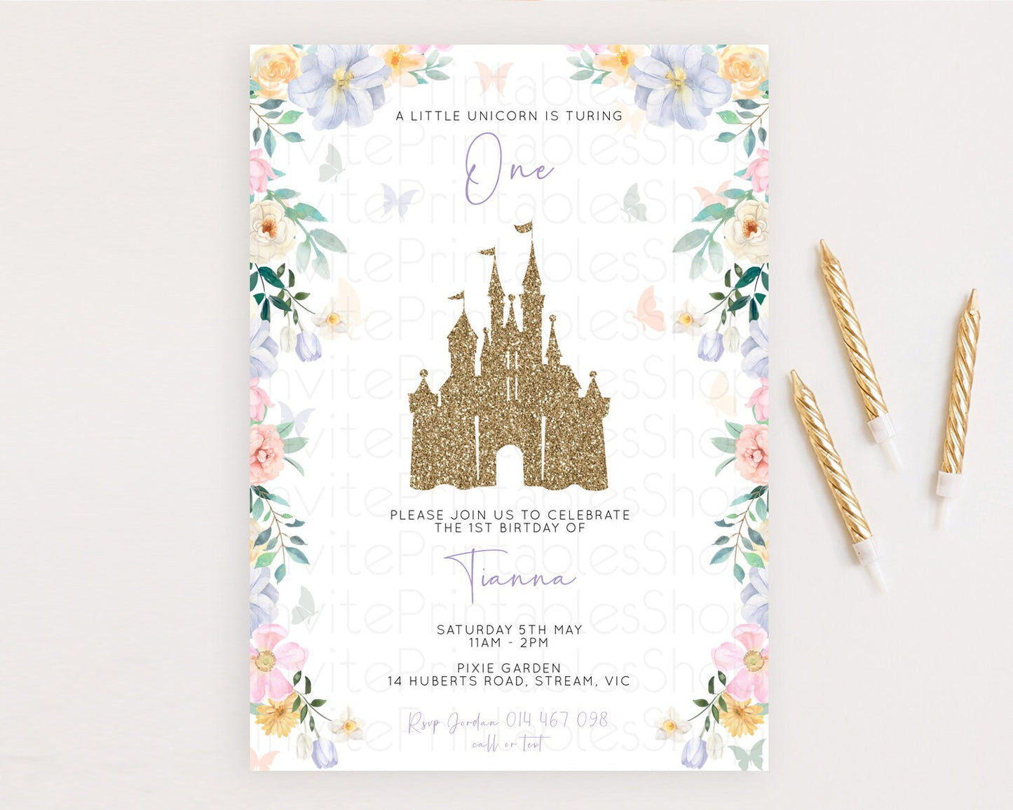 Princess Birthday Invitation Castle Invitation Royal Birthday Fairy Tale Enchanted Castle Pastel Floral Garden 1st First Birthday D10469