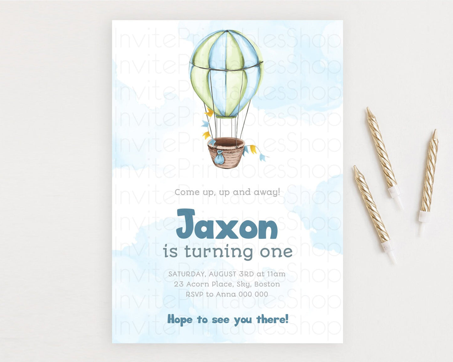 Hot Air Balloon Birthday Invitation Hot Air Balloon Invites Adventure Awaits Up Up & Away Glitter Blue Watercolor 1st Birthday Boy D10661