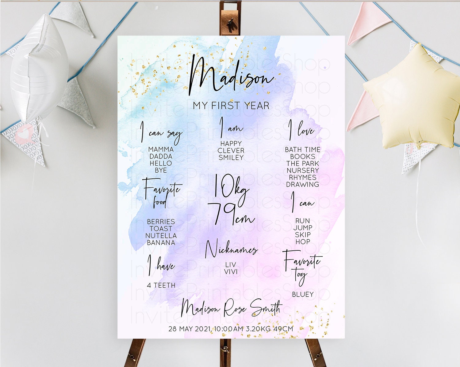 Editable Purple First Birthday Milestone Poster Purple Watercolor Milestone