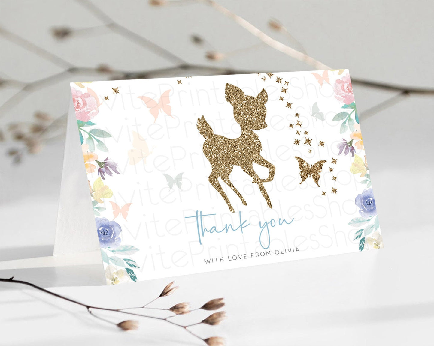 Fawn Thank You Deer Thank You Card Pastel Floral Deer Birthday Thank You Card Enchanted Forest Butterfly Deer Teacher Thank You Card D10878