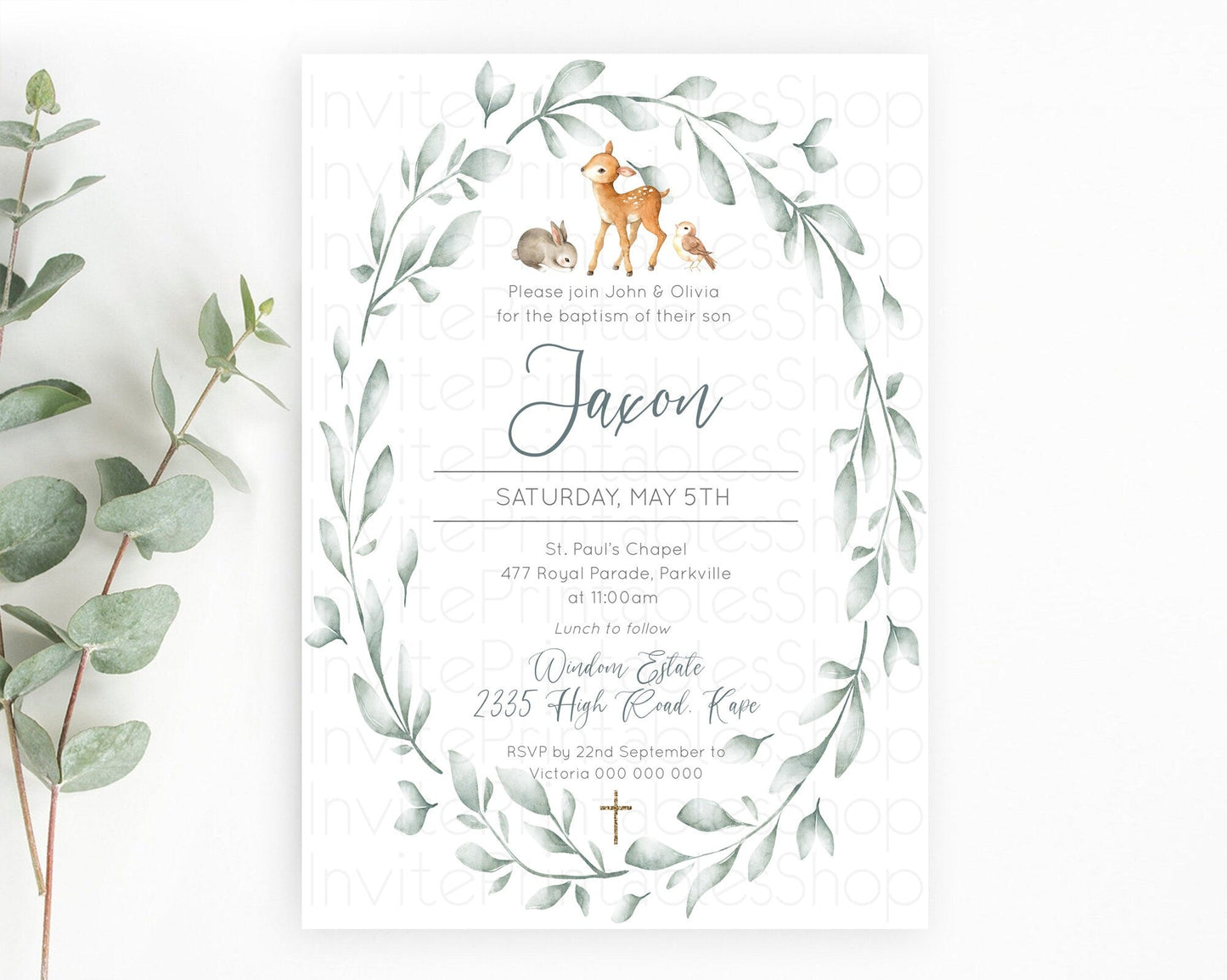 Fawn Baptism Invitation Deer Baptism 1st Birthday Invitation Enchanted Forest Christening Invitation Pastel Garden Butterfly Floral D10872