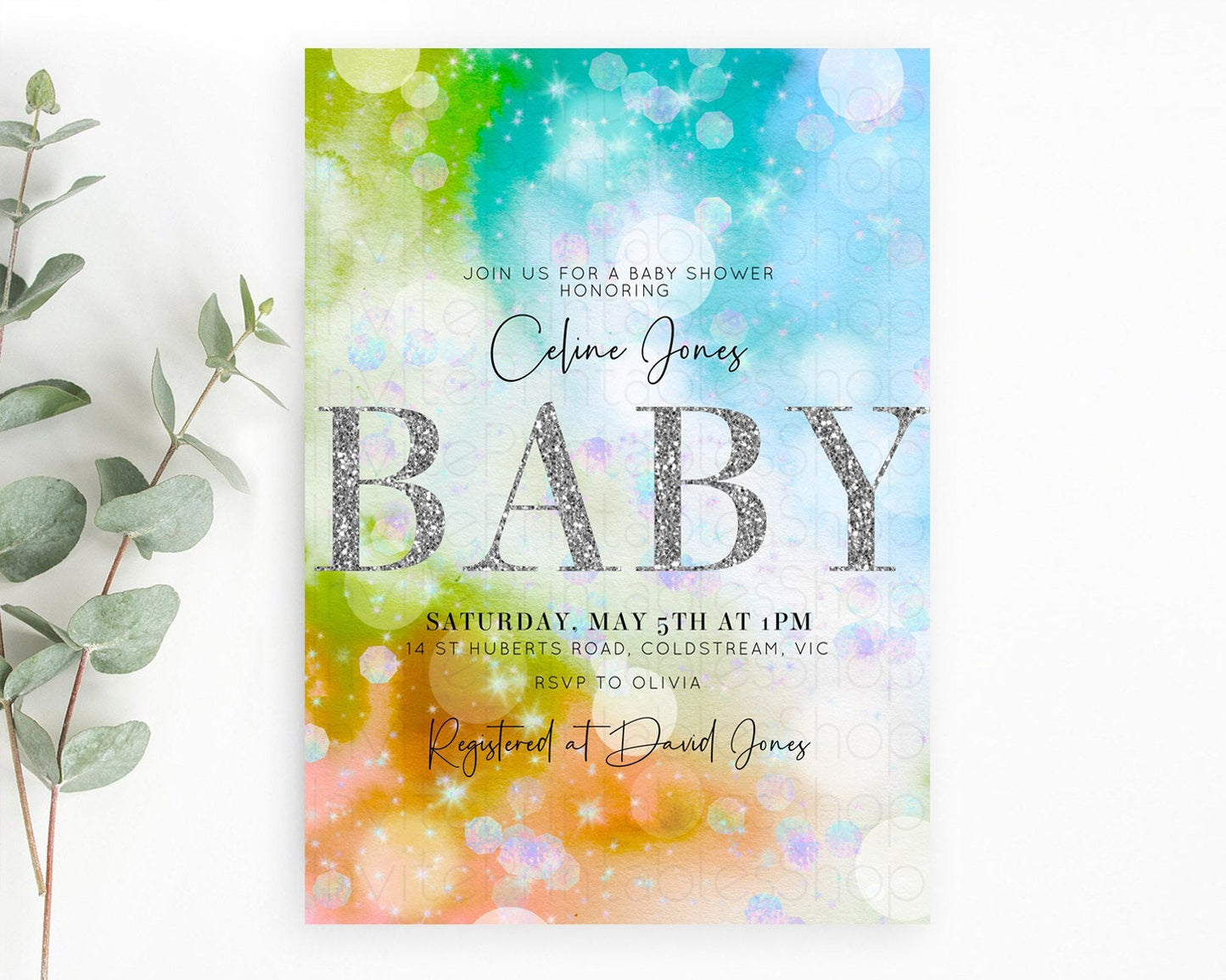 Colorful Baby Shower Invitation: Pastel Watercolor, Ombre Rainbow, Green, Orange, Blue, Silver Glitter, Iridescent Confetti Tie Dye D10692