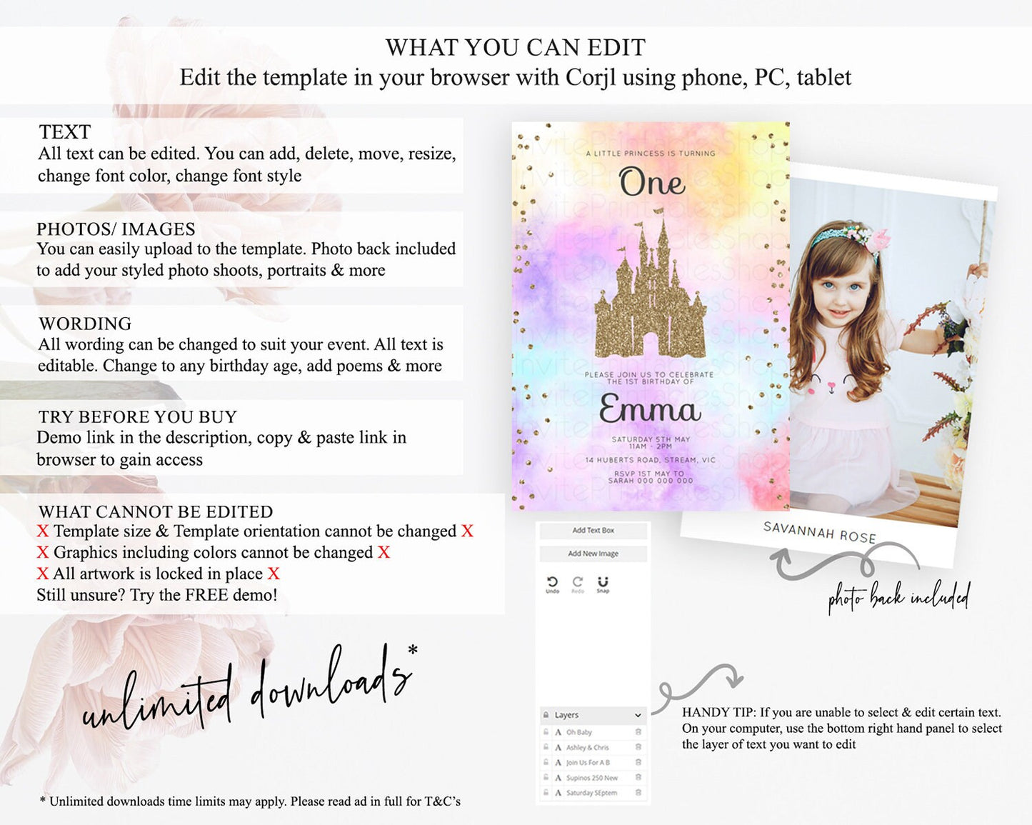 Princess Birthday Invitation Princess Invitation Pastel Invitation Royal Birthday Rainbow Color Enchanted Castle 1st First Birthday D10148