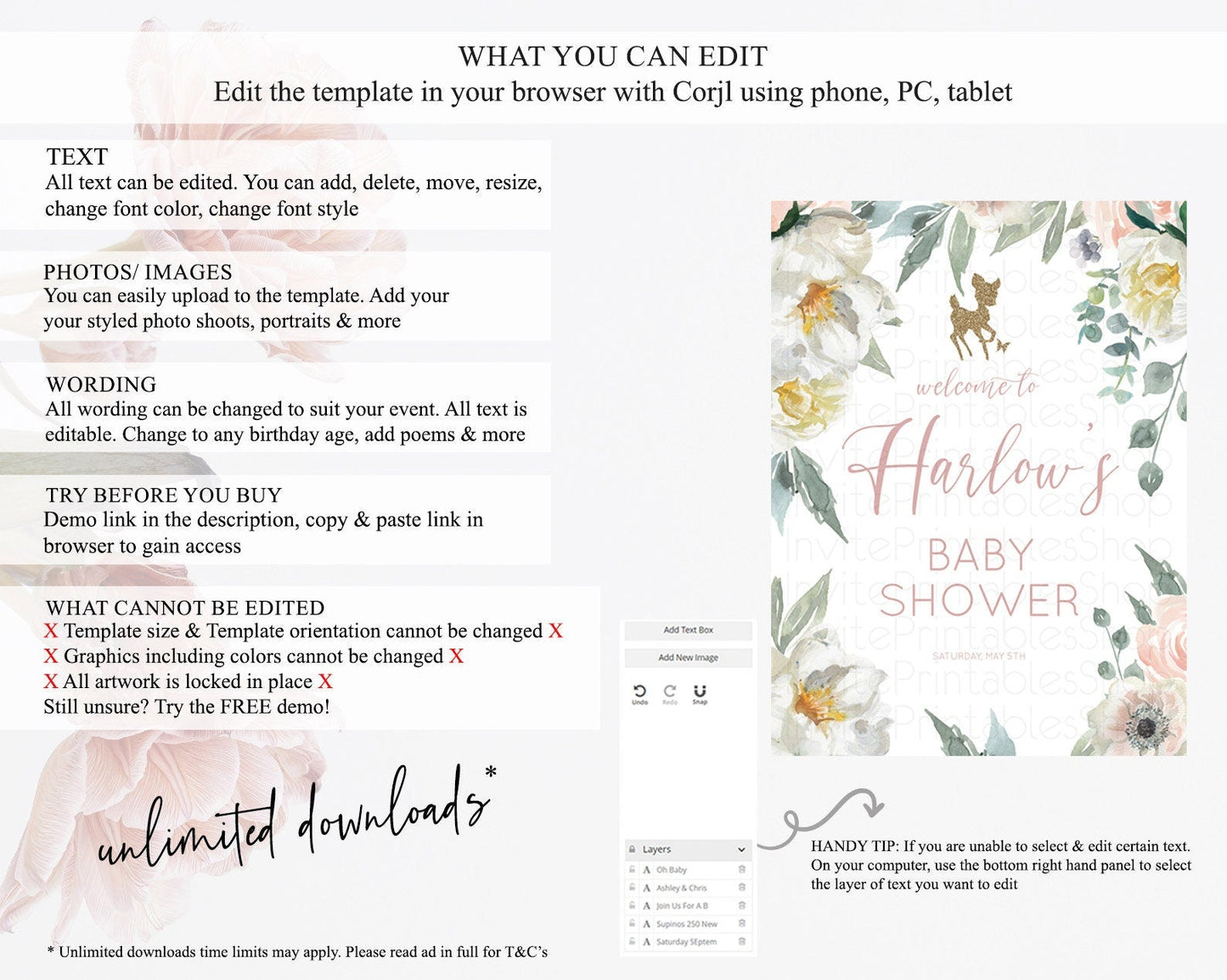 Fawn Baby Shower Welcome Sign Deer Welcome Board Floral Deer Welcome Poster Enchanted Forest Butterfly Pastel Floral Welcome Sign D10120