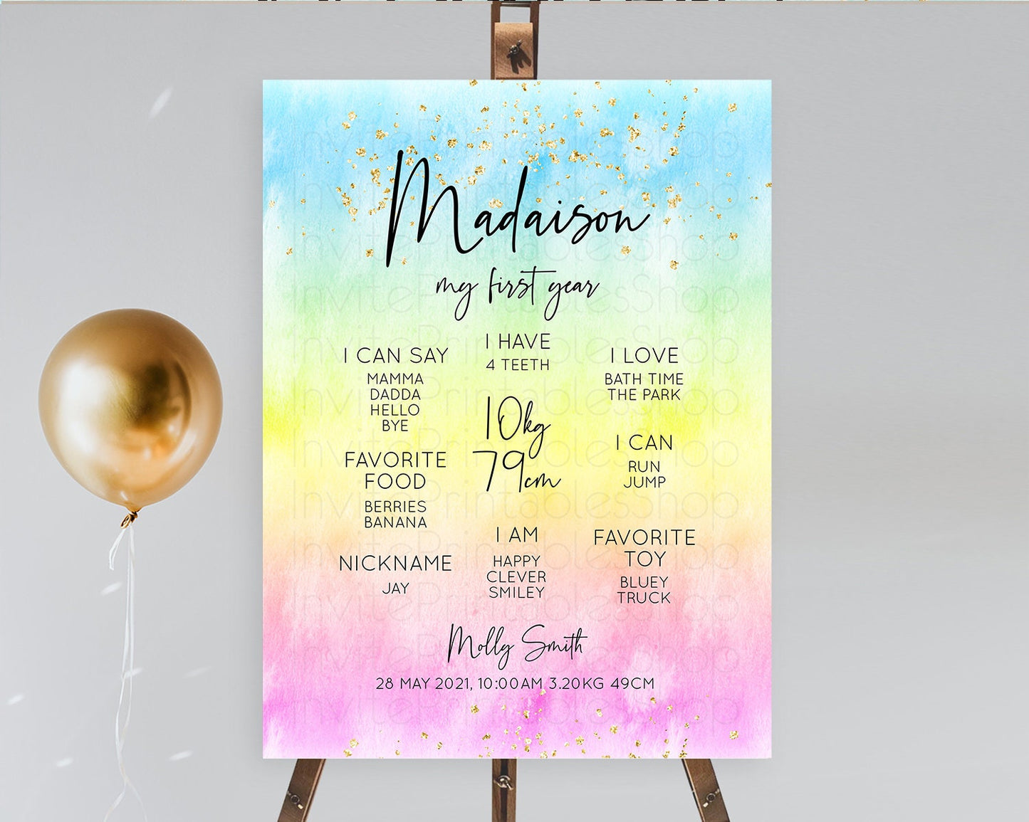 Pastel First Birthday Milestone Board Pastel Rainbow Milestone Poster Colorful Confetti Watercolor Glitter 1st Birthday Welcome Sign D10480