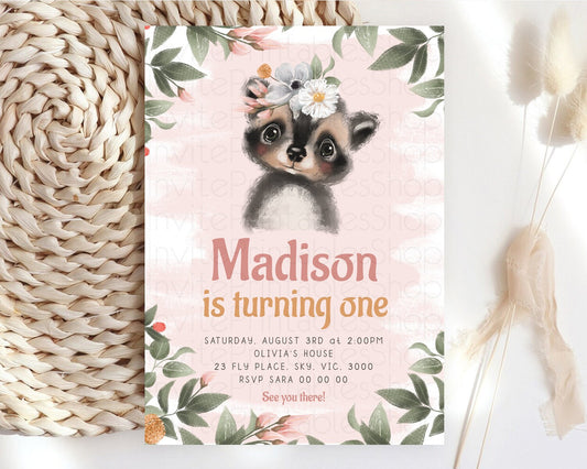 Raccoon Birthday Invitation Raccoon Invite Enchanted Forest Adventure Birthday Woodland Invitation Baby Raccoon 1st First Birthday D10632