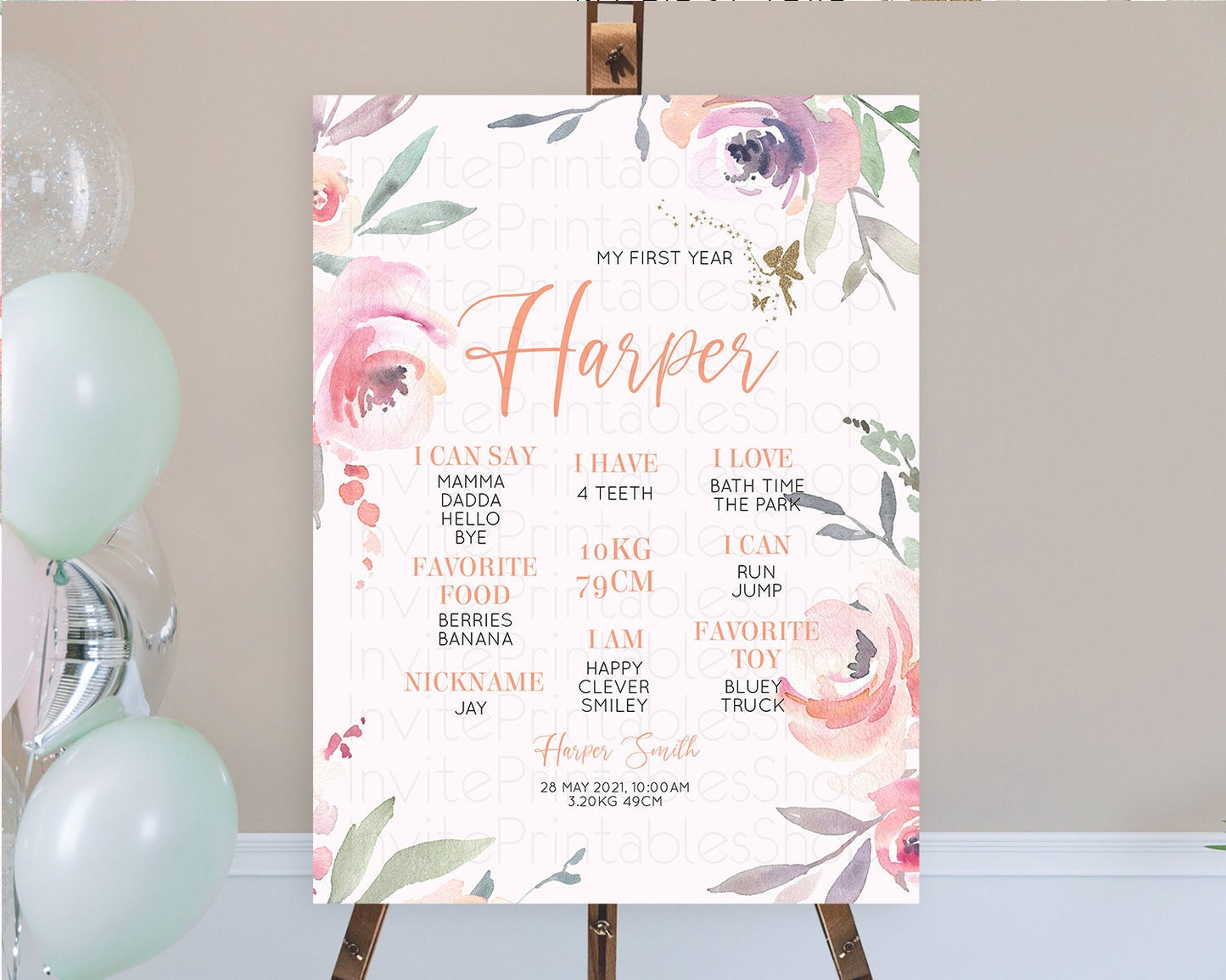 Fairy First Birthday Milestone Poster Fairy Secret Garden Milestone Board Enchanted Garden Pastel Floral Butterfly 1st Birthday Sign D10197