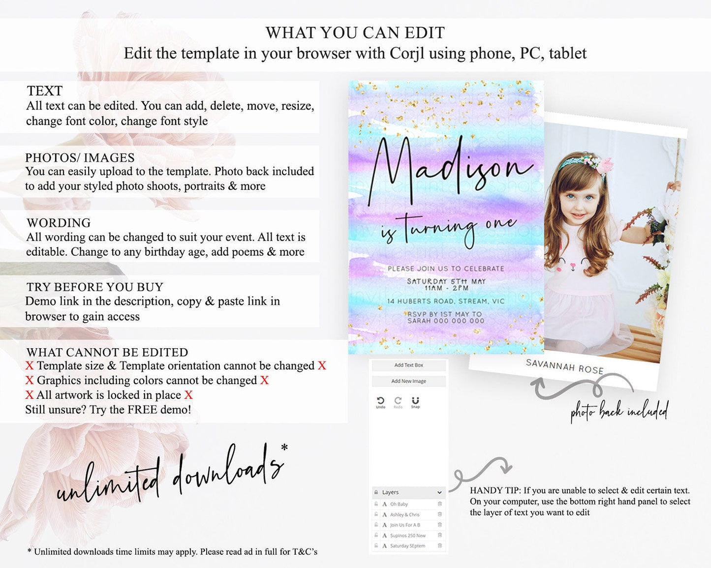Pastel Birthday Invitation Ombre Watercolor Birthday Invitation Glitter Rainbow Color Splash 1st 2nd 3rd Birthday Invitation D23033