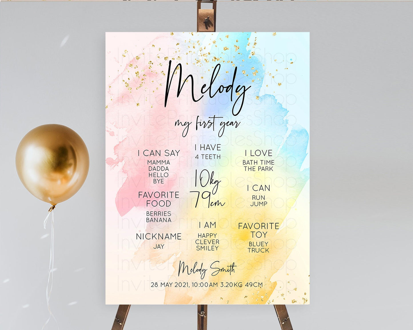 Pastel First Birthday Milestone Board Pastel Rainbow Milestone Poster Colorful Confetti Watercolor Glitter 1st Birthday Welcome Sign D10557