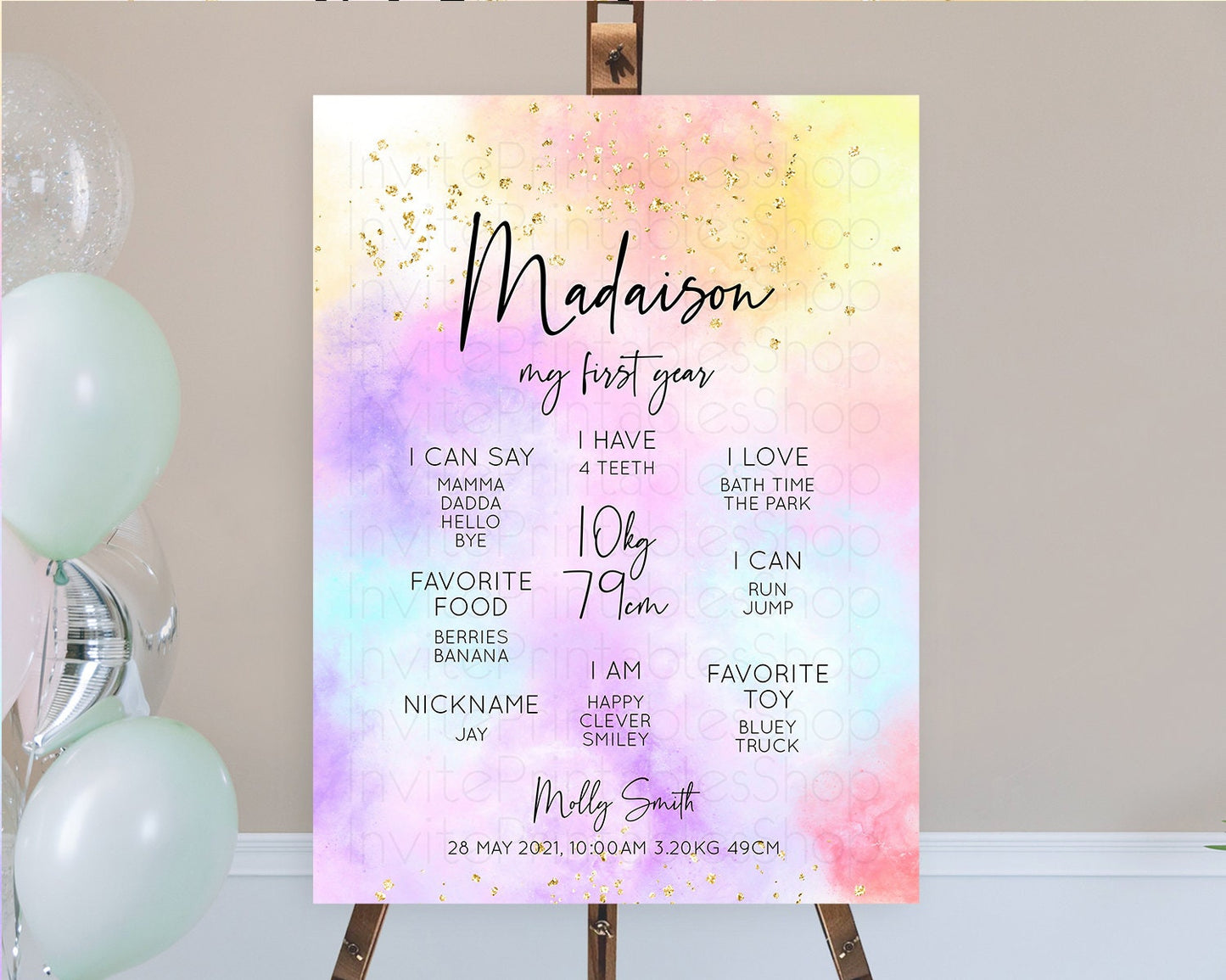 Pastel First Birthday Milestone Board Pastel Rainbow Milestone Poster Colorful Confetti Watercolor Glitter 1st Birthday Welcome Sign D10437