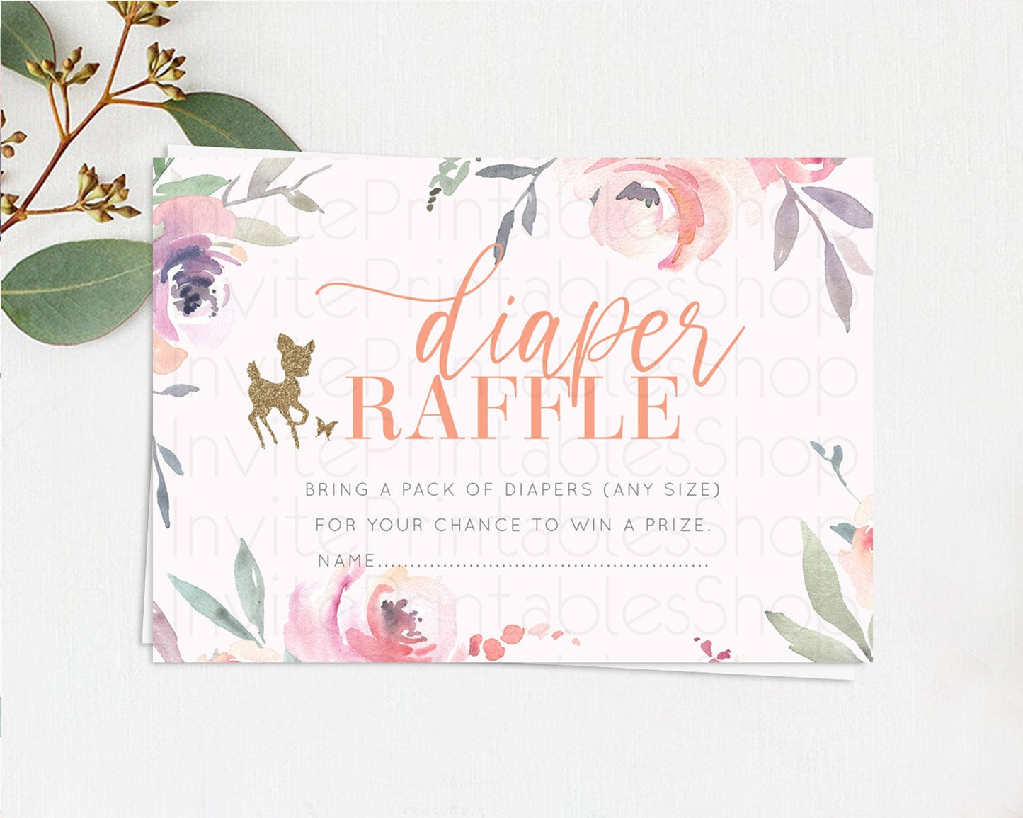 Fawn Diaper Raffle Card Deer Diaper Insert Floral Deer Diaper Ticket Enchanted Forest Butterfly Pastel Baby Shower Raffle Game D10196