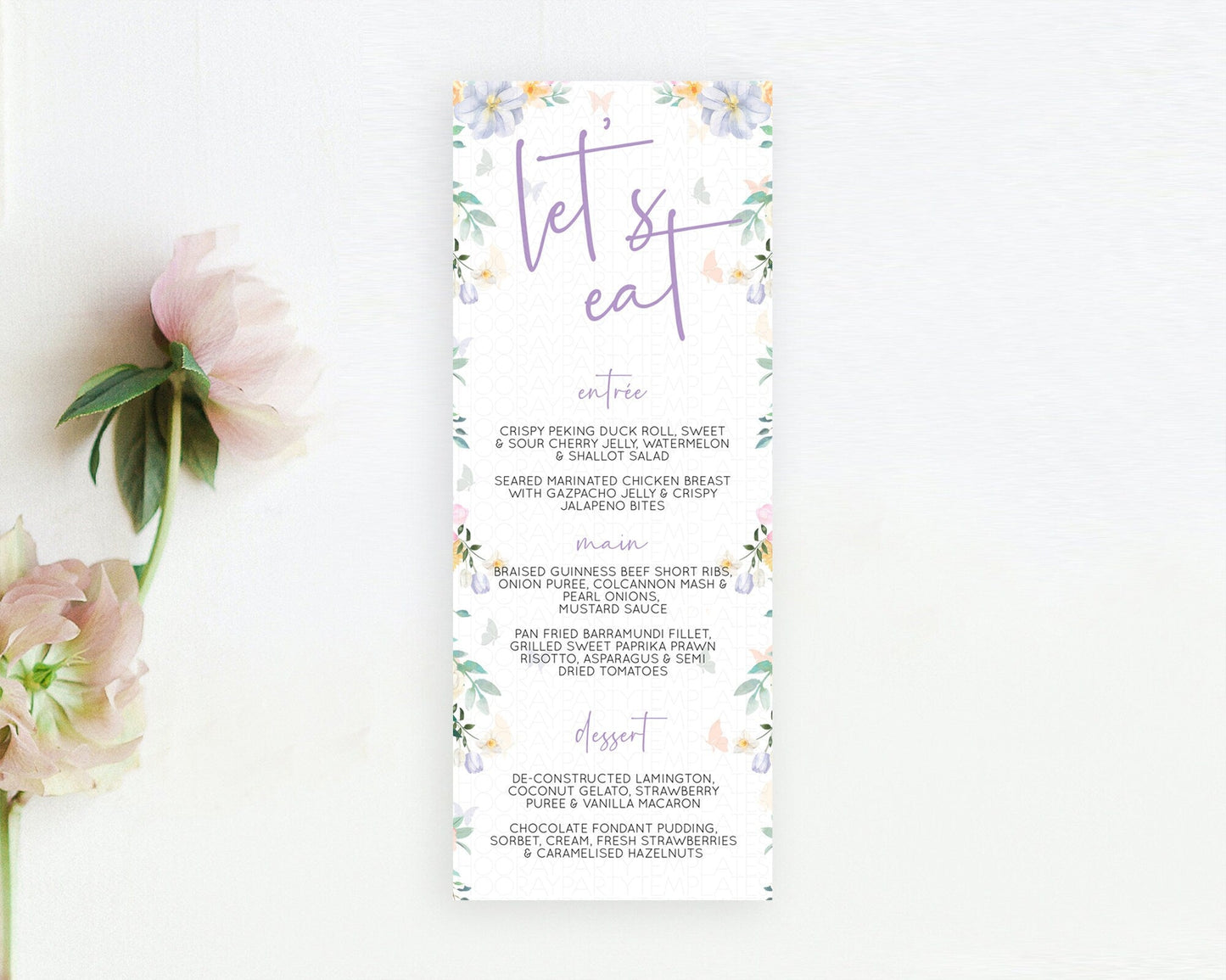 Secret Garden Menu Wildflower Menu Template Pastel Flower Garden Table Decor Boho Floral Dinner Dessert Floral Party Food Menu D10472