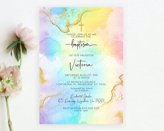 Pastel Baptism Invitation Pastel Colors Watercolor Baptism 1st Birthday Party Gold Ombre Pastel Rainbow Christening Holy Communion D10588