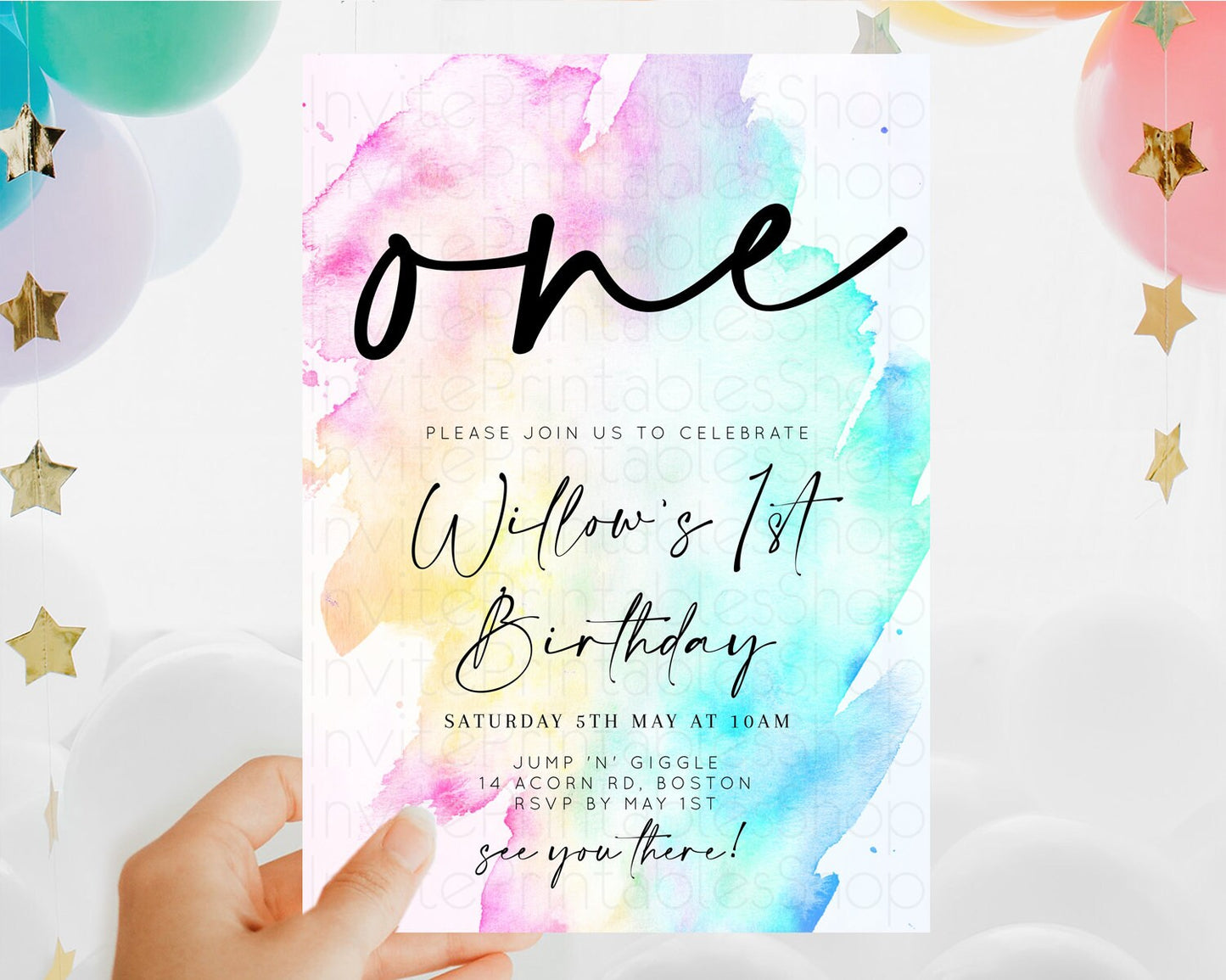 Rainbow Birthday Invitation Colorful Pastel Watercolor Invitation Gold Glitter Sprinkles Ombre Pastel 1st 2nd 3rd Birthday D11020