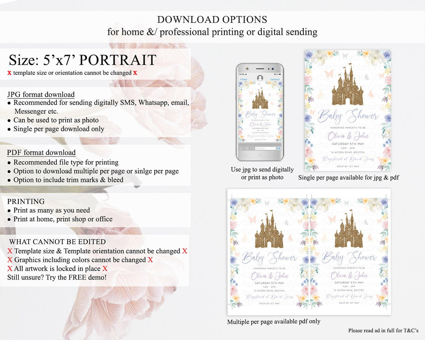 Pastel Princess Baby Shower Invitation Floral Castle Invitation Royal Baby Invite Enchanted Castle Pastel Flower Garden Baby Shower D10931