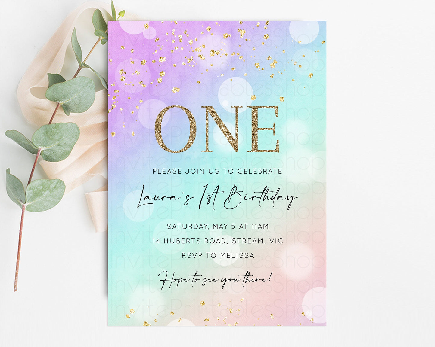 Rainbow Birthday Invitation Pastel Birthday Invite Ombre Watercolor Invite Enchanted Theme Colorful Splash Glitter Sprinkles 1st 2nd 3rd