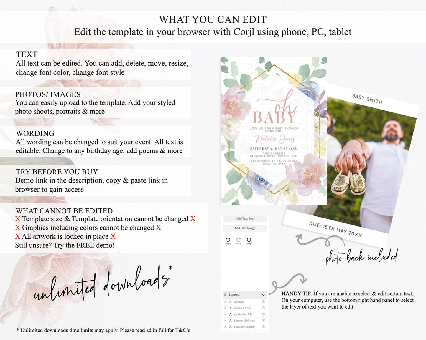Wildflower Baby Shower Invitation Secret Garden Baby Shower Invitation Pastel Flowers Invite Enchanted Garden Shower Floral Theme D10254