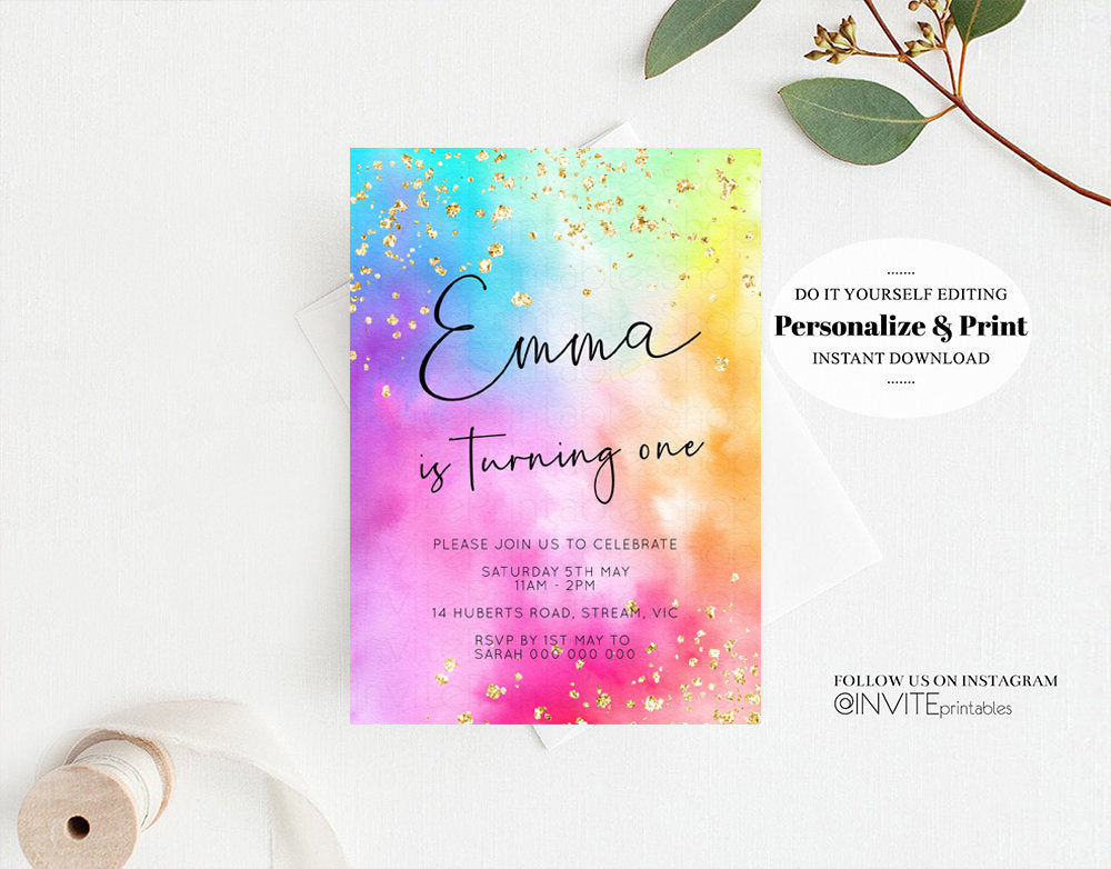 Rainbow Birthday Invitation Ombre Pastel Invitation Colorful Watercolor Splash Gold Glitter Sprinkles Tie Dye Printable Digital Invite 509