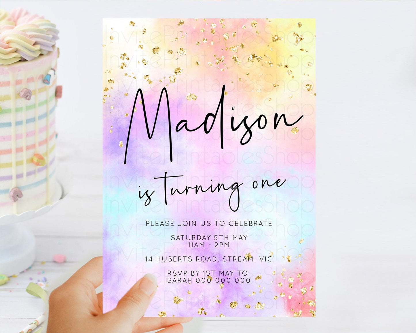 Editable Rainbow Birthday Invitation Colorful Pastel Watercolor Invitation G