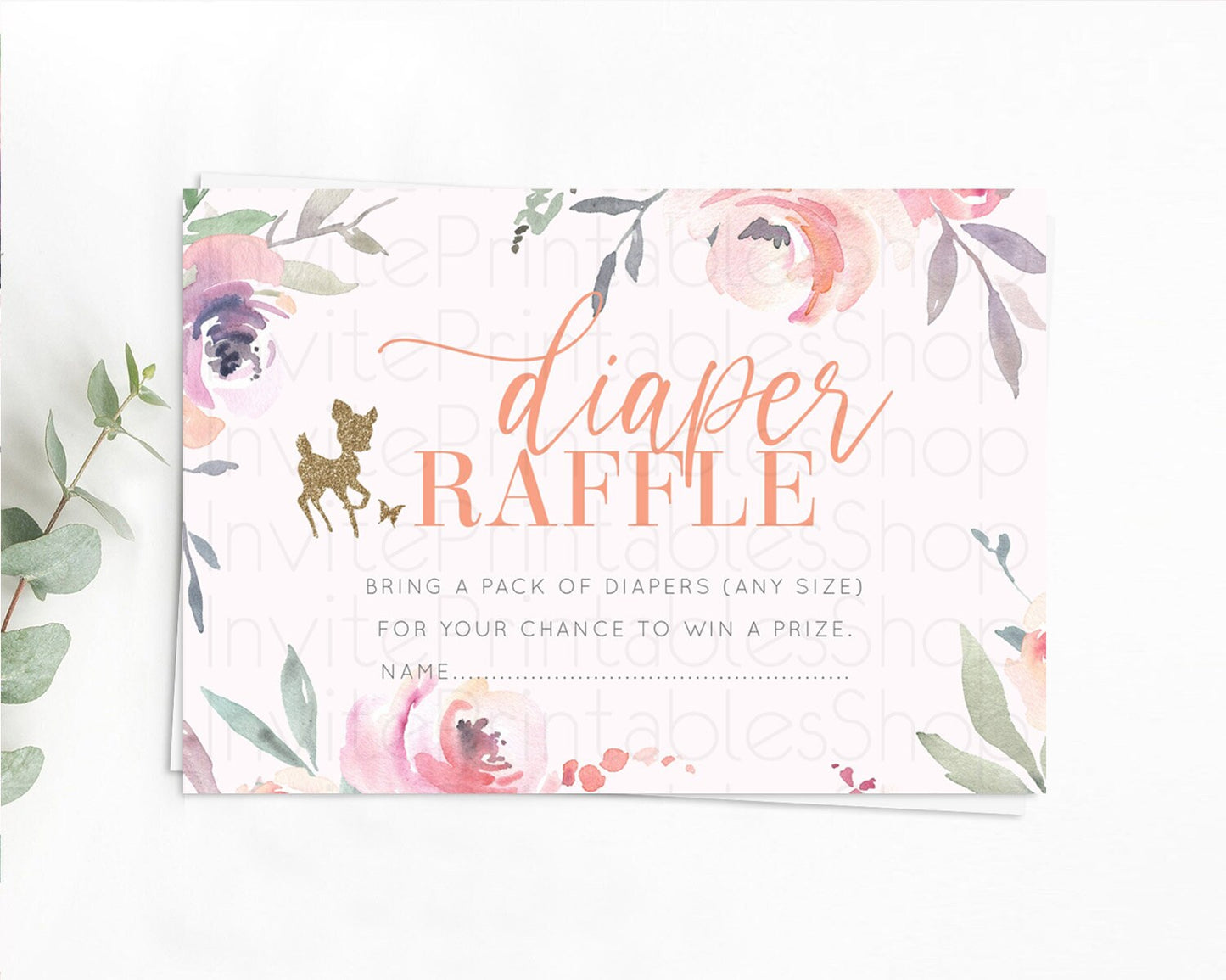 Editable Fawn Diaper Raffle Card Deer Diaper Insert Floral Deer Diaper Ticke