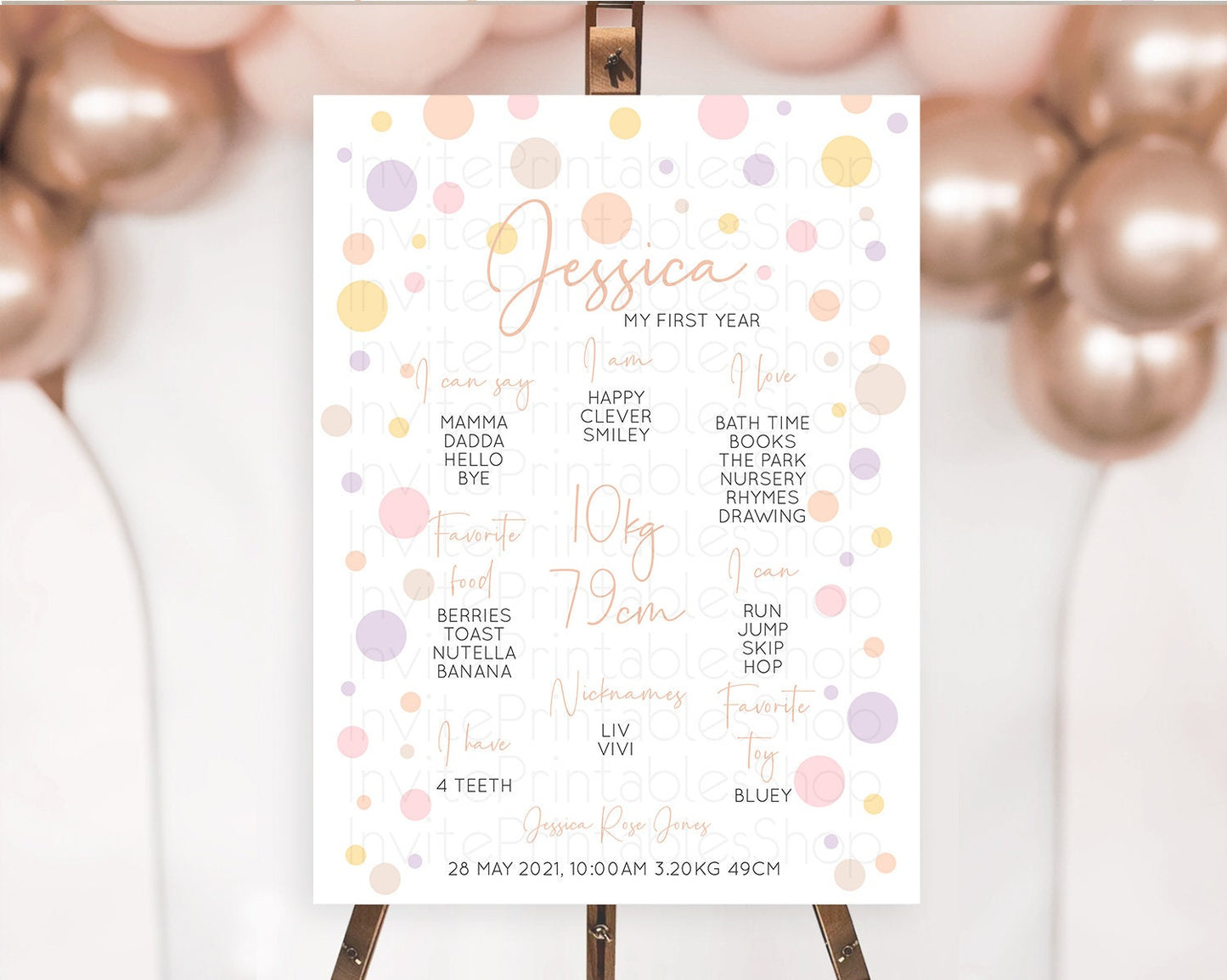 Pastel First Birthday Milestone Poster Pastel Rainbow Confetti First Birthday Milestone Board Colorful Bubbles Birthday Welcome Sign D10759