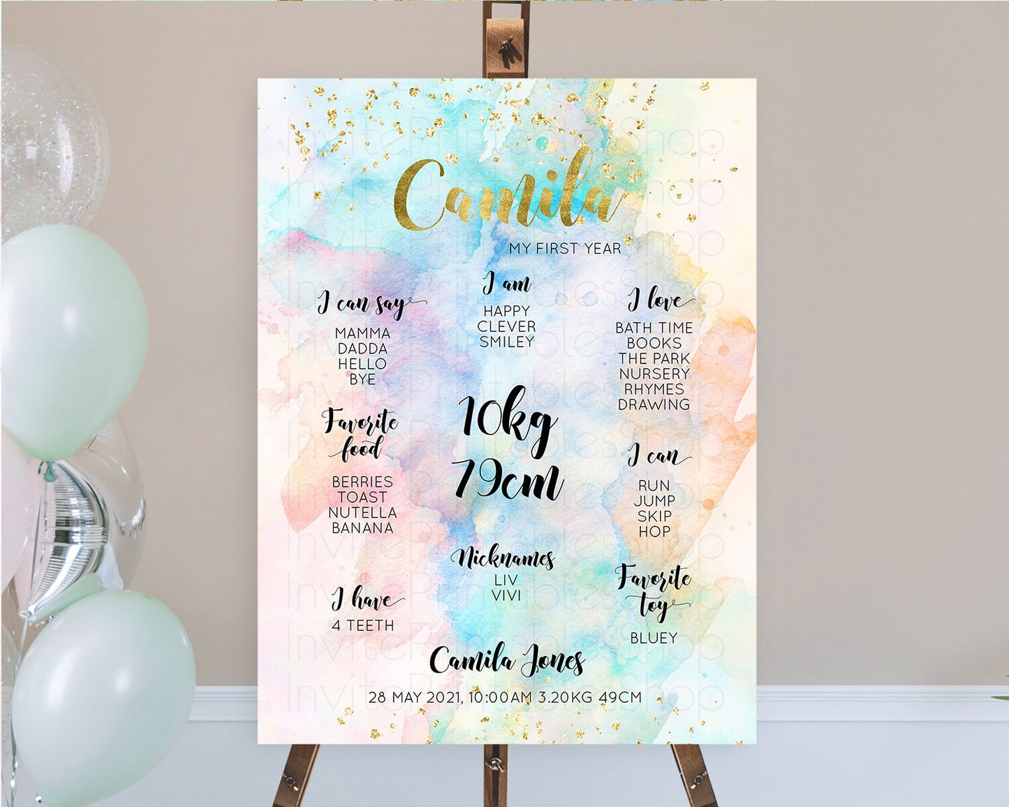 Pastel First Birthday Milestone Board Pastel Rainbow Milestone Poster Colorful Confetti Watercolor Glitter 1st Birthday Welcome Sign D10272