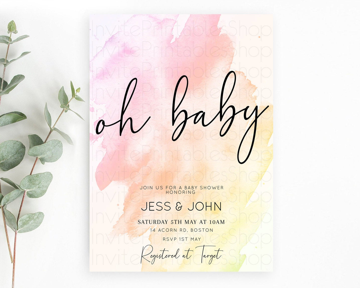 Pink Baby Shower Invitation Pink Watercolor Baby Shower Invitation Pastel Pink Watercolor Invitation Pink Splash Gold Invitation D10167