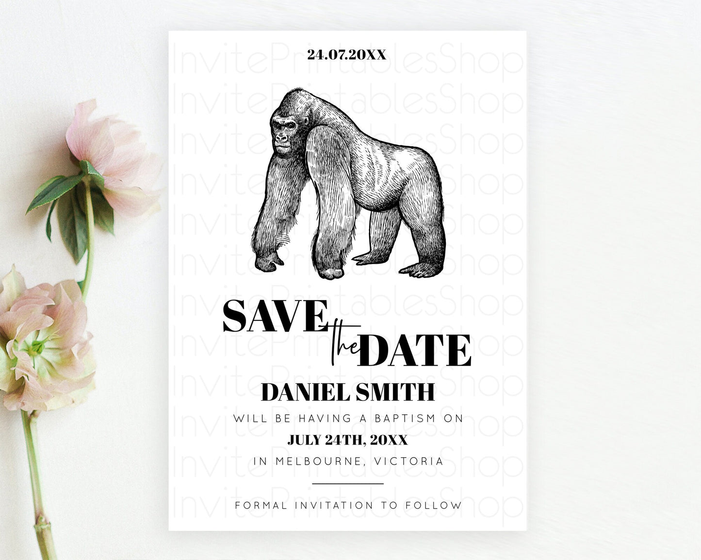 Gorilla Save The Date Template Gorilla Party Save The Date Safari Adventure Gorilla Minimal Theme 1st Birthday Baptism Baby Shower D10855