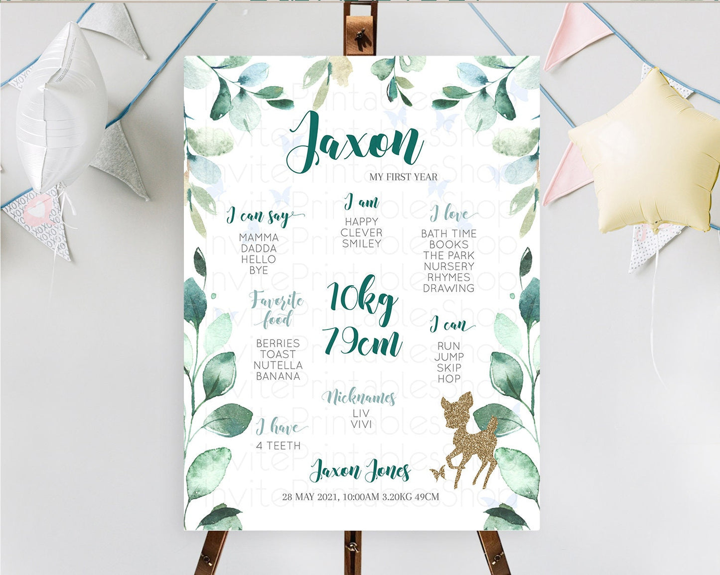 Fawn First Birthday Milestone Board Deer First Birthday Milestone Poster Enchanted Forest Butterfly Pastel Flowers 1st Birthday Sign D10882