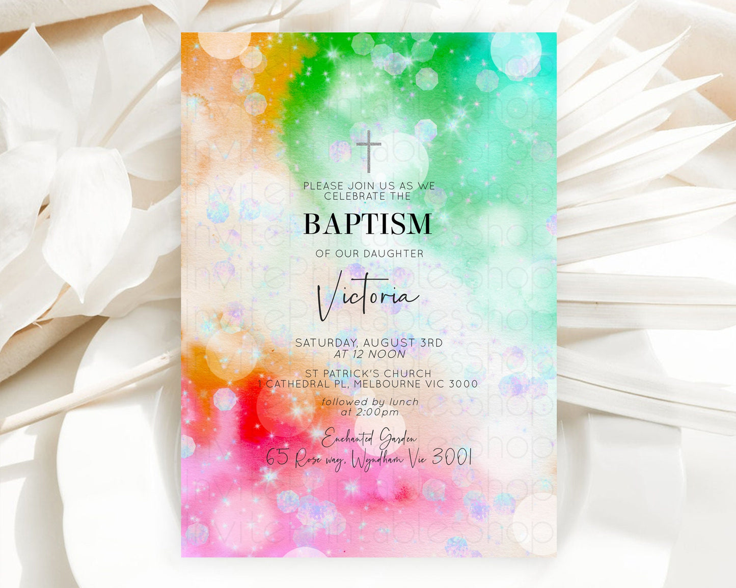 Rainbow Baptism Invitation Colorful Pastel Watercolor Baptism 1st Birthday Invitation Iridescent Glitter Sprinkles Ombre Christening D10691