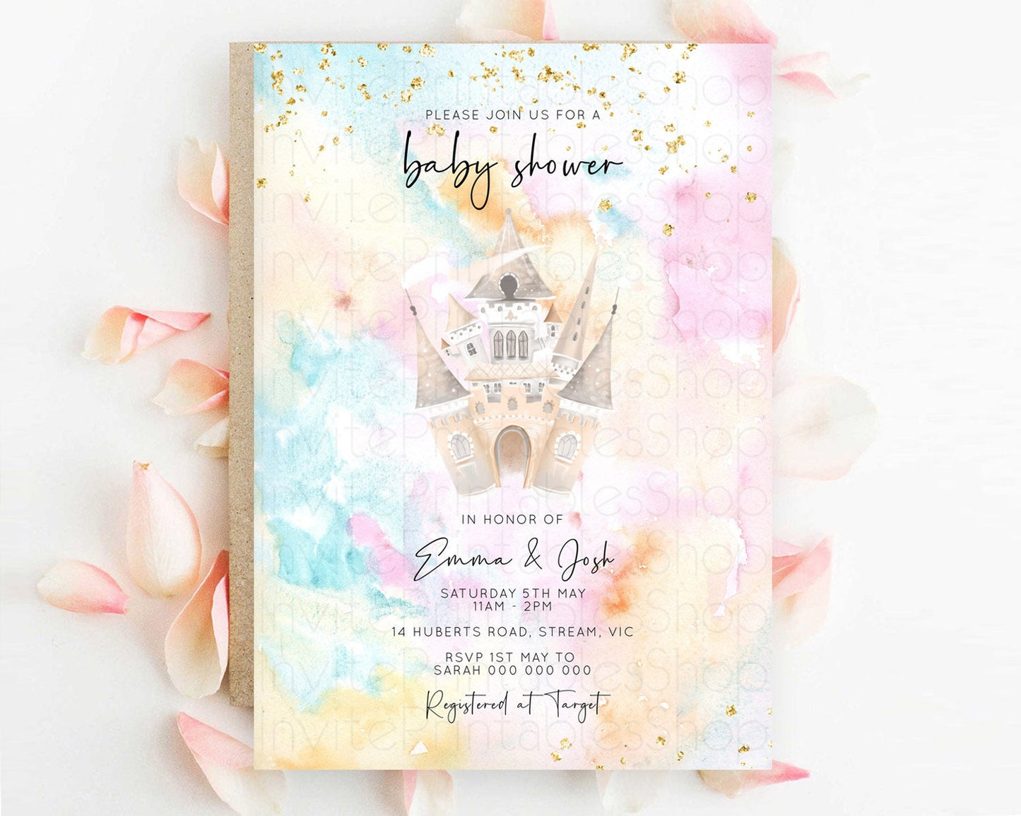 Princess Baby Shower Princess Invitation Pastel Watercolor Invitation Royal Baby Invitation Rainbow Colorful Enchanted Castle D11029