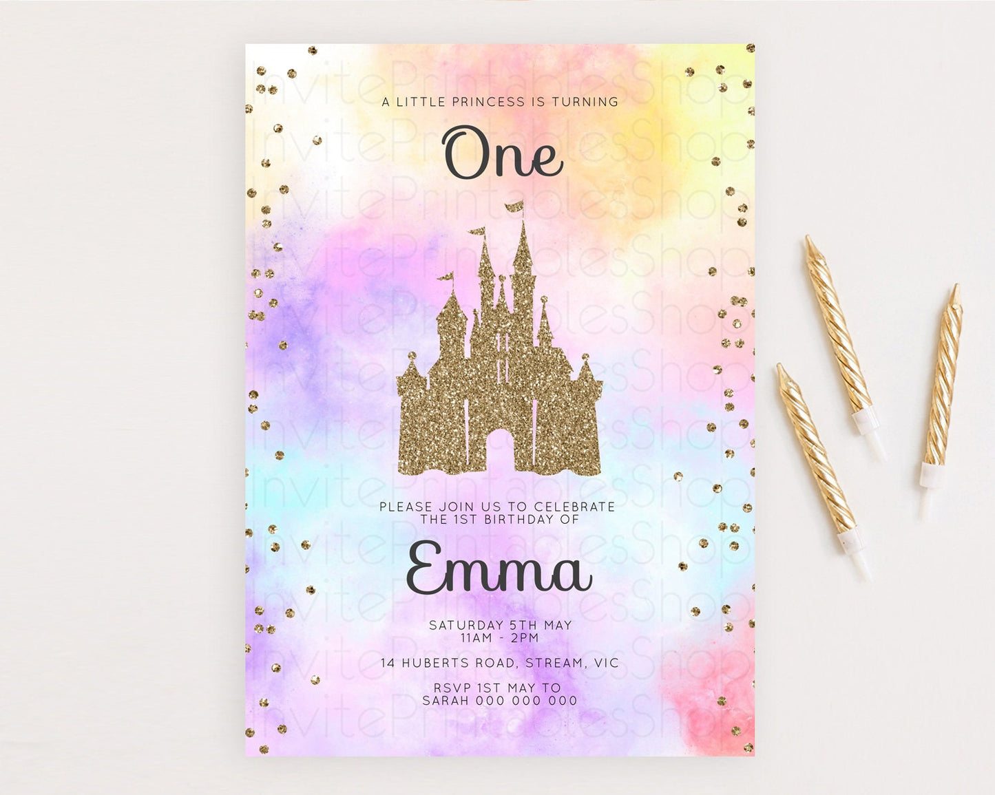 Princess Birthday Invitation Princess Invitation Pastel Invitation Royal Birthday Rainbow Color Enchanted Castle 1st First Birthday D10148