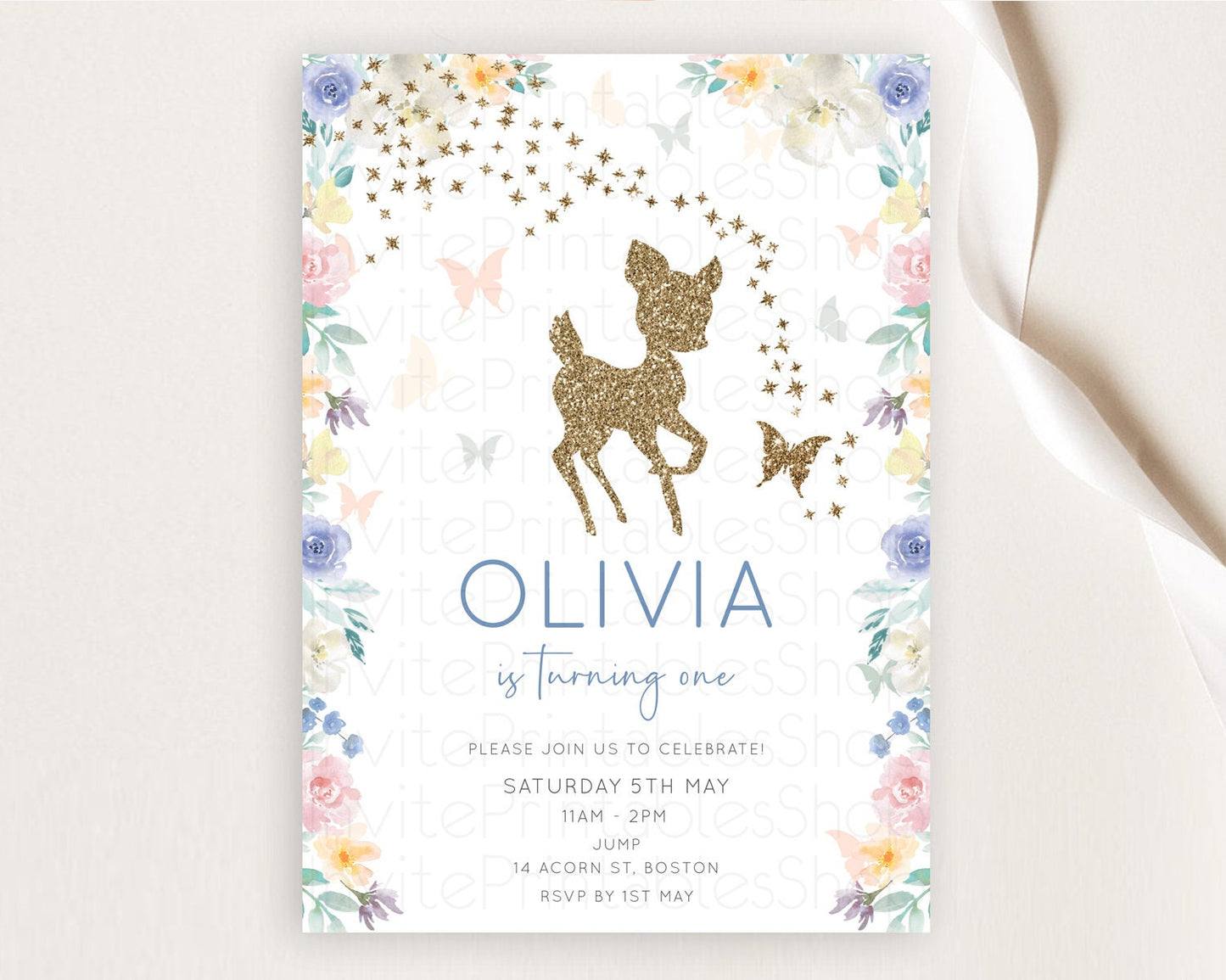 Fawn Birthday Invitation Deer Birthday Invitation Enchanted Forest Party Butterfly Pastel Flowers Whimsical 2nd 1st First Birthday D10878