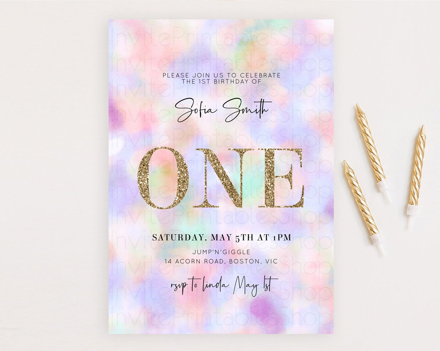 Rainbow Birthday Invitation Colorful Pastel Watercolor Invitation Gold Glitter Sprinkles Ombre Pastel 1st 2nd 3rd Birthday D10697