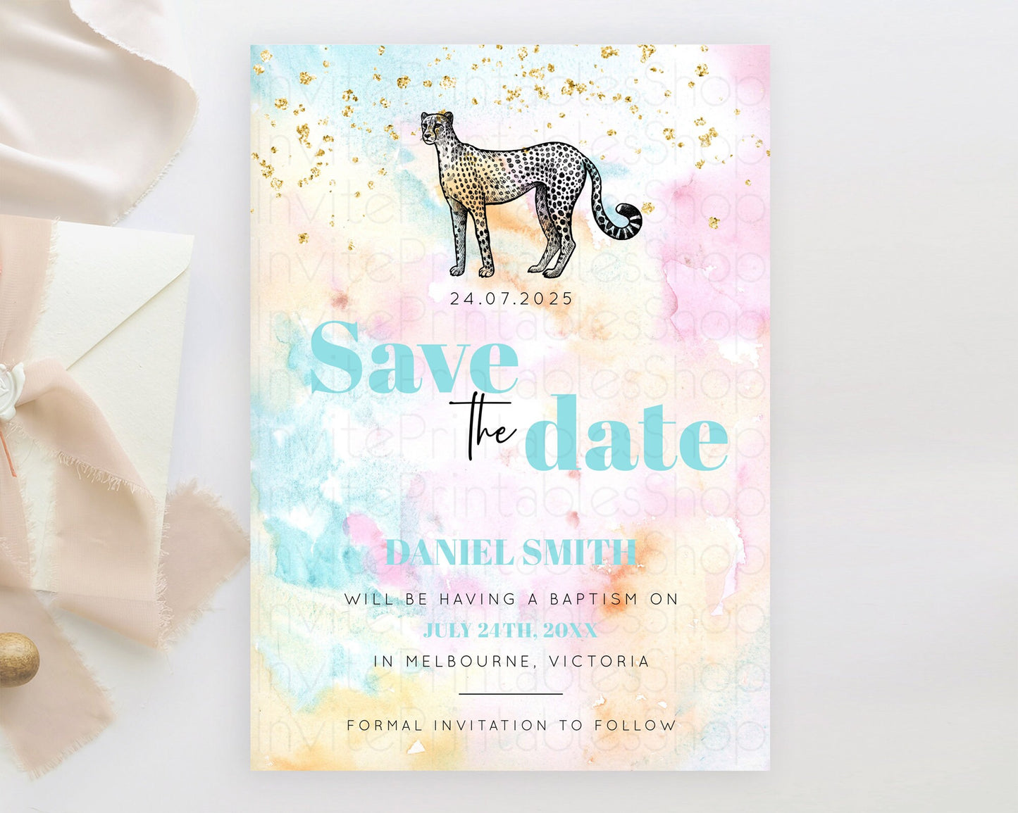 Pastel Cheetah Save The Date Template Rainbow Watercolor Cheetah Party Save The Date Colorful Cheetah Birthday Baptism Baby Shower D10289