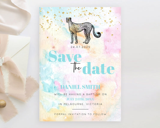 Pastel Cheetah Save The Date Template Rainbow Watercolor Cheetah Party Save The Date Colorful Cheetah Birthday Baptism Baby Shower D10289