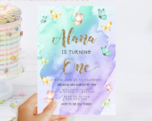 Pastel Butterfly Birthday Invitation Butterfly Birthday Invitation Colorful Splash Glitter Butterfly Garden 1st 2nd Birthday D23241