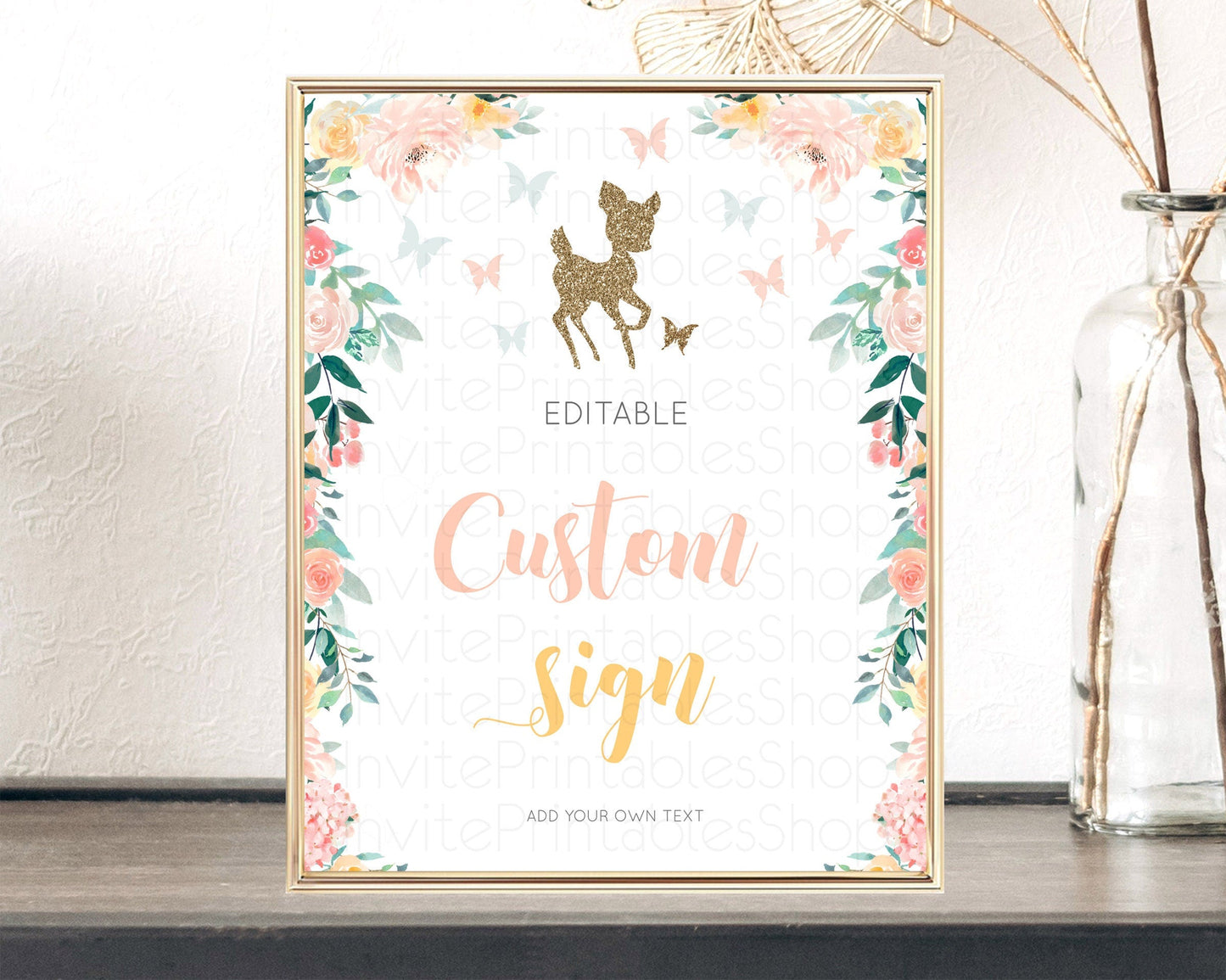 Fawn Deer Sign Pastel Floral Deer Table Sign Decor Enchanted Forest Butterfly Party 1st Birthday Baptism Baby Shower Bridal Shower D10874